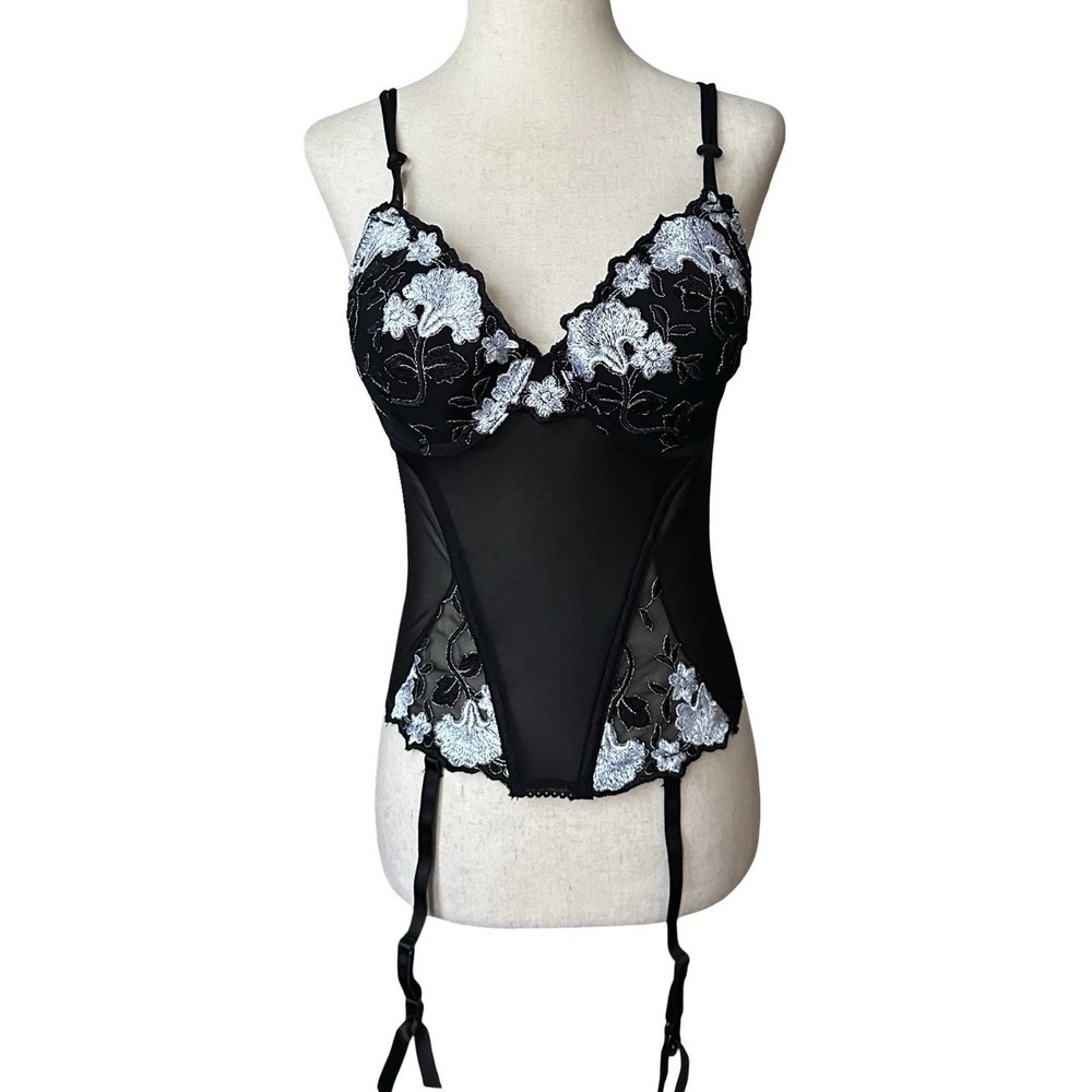 Delicates Sheer Mesh Corset Boning & Garter Sz M Black White Embroidered Florals